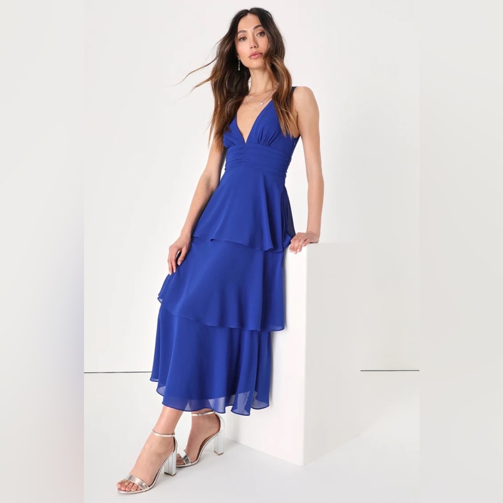 LuLus Celebration Time Royal Blue Sleeveless Tiered Midi Dress